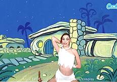 cute teen cosplays as wilma, masturbates and sucks huge cock.