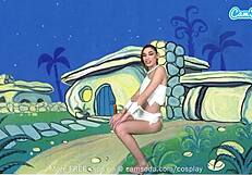 cute teen cosplays as wilma, masturbates and sucks huge cock.