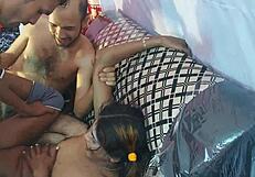 she fucks two guys at christmas threesome home