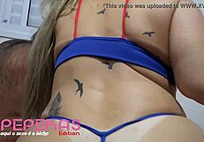 brunette licks blondie pussy with huge dildo