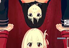 Chisato and Takina in male POV 3P hentai sex