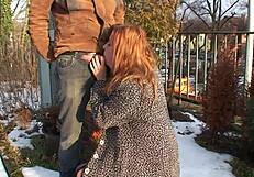 redhead woman gets fucked outdoor with blowjob orgasm