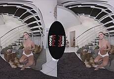 Shaved brunette masturbates in taboo pov