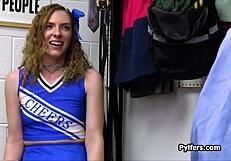 Watch this teen cheerleader steal a blowjob at the office? She meets a big dick and sucks it hard.