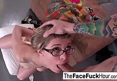 Face fucked and covered in cum babe with glasses