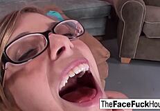 Face fucked and covered in cum babe with glasses