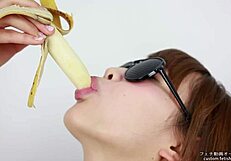 Bold asian women lick erotic bananas in fetish blowjob