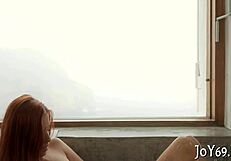 Petite teen babe uses dildo for fingering her wet small tits in nude solo scene