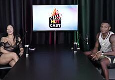 Measuring the hot brunette's ass size in sheer red lingerie, revealing her naked beauty.