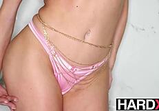 Blonde Stretches Huge Pierced Cock