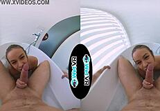 Bath creeper fills up step sister in VR POV