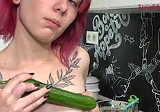 olivia teases with cucumber in kitchen, leading to blowjob
