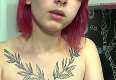 olivia teases with cucumber in kitchen, leading to blowjob