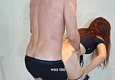 Married wife gives blowbang to client with bukkake