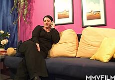 Stroking and fingering herself naked MILF from Europe in stockings