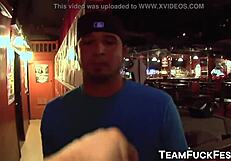 three pornstars team up to pleasure a lucky bartender