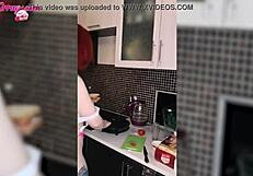 sexy redhead teen in lingerie masturbates solo in the kitchen