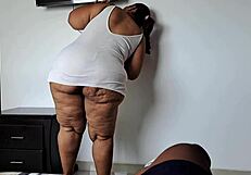 My stepmother helps with the TV then swallows my cock!