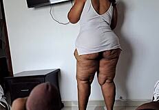 My stepmother helps with the TV then swallows my cock!