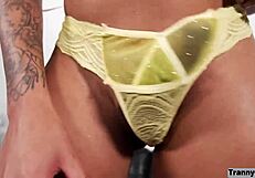 Brunette transsexual Mikaelly Victoria teases with solo cock play