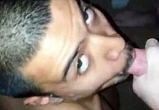 Submissive gay latino takes double facial cumshot, swallowing eagerly.