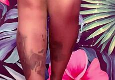 teasing in ripped pantyhose and latex dress