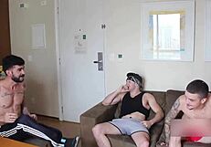 Victor Ferraz and Erick Diaz dominate submissive guy with bareback pounding and cumshots.