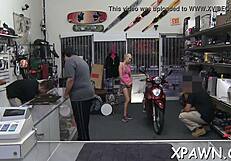 the beautiful woman accepts cash for rough shop sex, sucking and fucking wildly