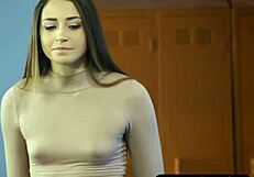 the big-breasted nerd pornstar seduces the guy with her tits before giving a blowjob