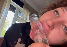 Tatted girl shares her rough experience with dildo until crying