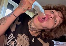 Tatted girl shares her rough experience with dildo until crying