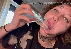 Tatted girl shares her rough experience with dildo until crying