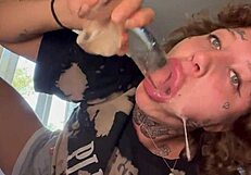 Tatted girl shares her rough experience with dildo until crying