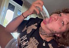 Tatted girl shares her rough experience with dildo until crying