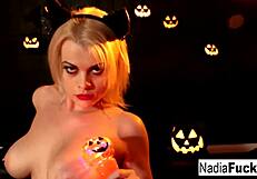 Hot stacked nadia celebrates halloween with solo cum