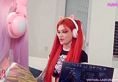 Threesome Gamer Girls in Cosplay Get Cumshot Close-Up!