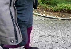 Stockings Worn Outdoors In Public Setting For Detailed View