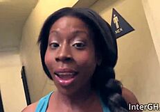 Watch this ebony babe deepthroat a black cock through the gloryhole, bending over for doggystyle action!