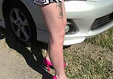 Stranded Lealani has her small tits and ass played with in public.