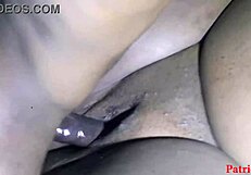 After masturbating, she fucks ebony guy in the bush