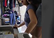 Watch Latina Teen Serve Man With Anal Blowjob While Washing Dishes