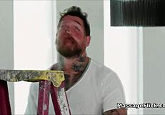 hot masseuse gags on handymans cock while choking and deepthroating oiled blowjob