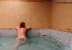 Busty blonde playfully caresses wet pussy to huge orgasm in pool