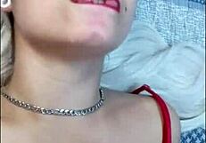 White girl in red lingerie moans softly