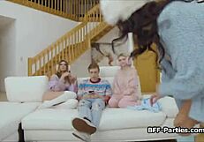 Big dick pounding three horny girlfriends at party