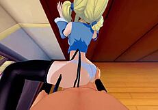 Lucy says, 'Take my big tits while I stroke your cock.'