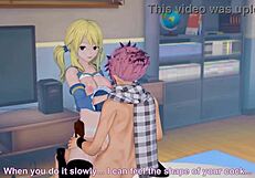 Lucy says, 'Take my big tits while I stroke your cock.'