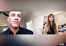 Haley Reed enjoys some personal time with a big purple dildo, showcasing her blonde hair and natural features.