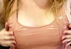 Femdom in latex beige dress gives jerk off instructions with dirty talk.