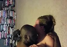 A naked black man and his white girlfriend having sex with three other black guys and their girlfriend with a curvy white girl